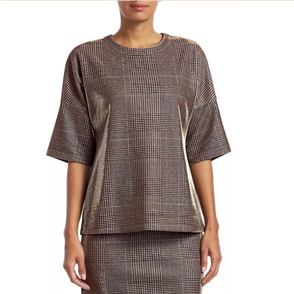 Akris Punto Metallic Lurex Glen Check Top 3/4 Sleeve Plaid Silver Women's 12 - Picture 2 of 9